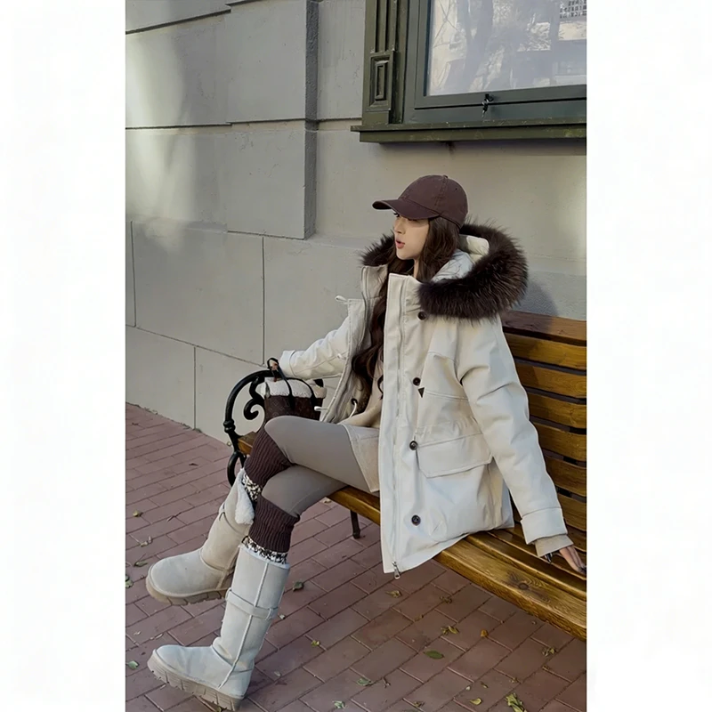 中长款连帽休闲棉衣2025冬季新款显瘦宽松老钱毛毛领连帽派克棉服