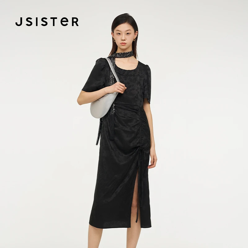 jsister 夏装新款 JS女装时尚设计感黑色修身连衣裙