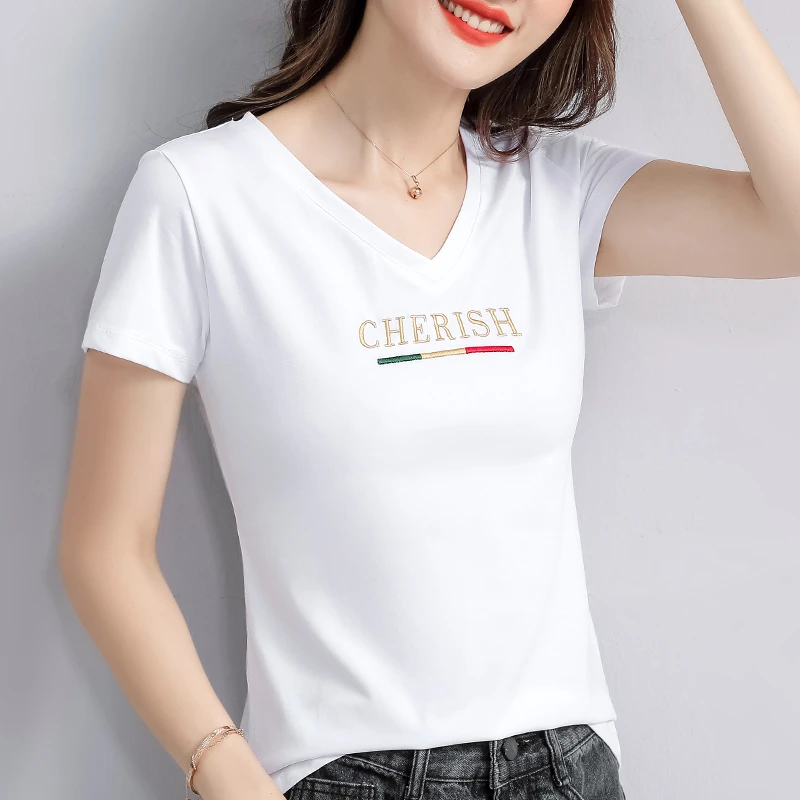 凉感透气v领短袖白色T恤女夏季2026新款时尚妈妈装洋气刺绣上衣
