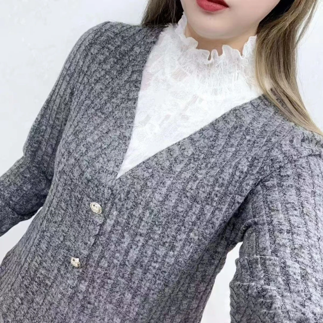 爆款2025大码新款蕾丝花边小衫拼接洋气长袖网红娃娃显瘦打底上衣