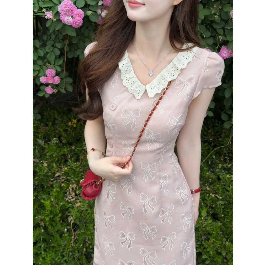 七七很芒【蝴蝶结】娃娃领镂空蝴蝶结旗袍夏季甜美风连衣裙XMZH6962