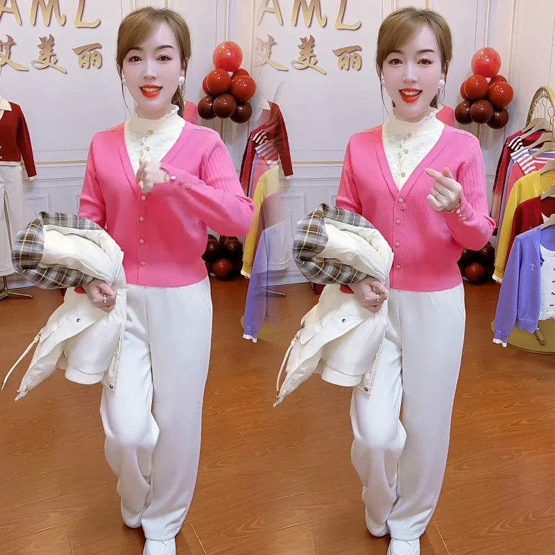 荷叶领假两件拼接宽松百搭打底2025秋冬新款针织高级感上衣毛衣女