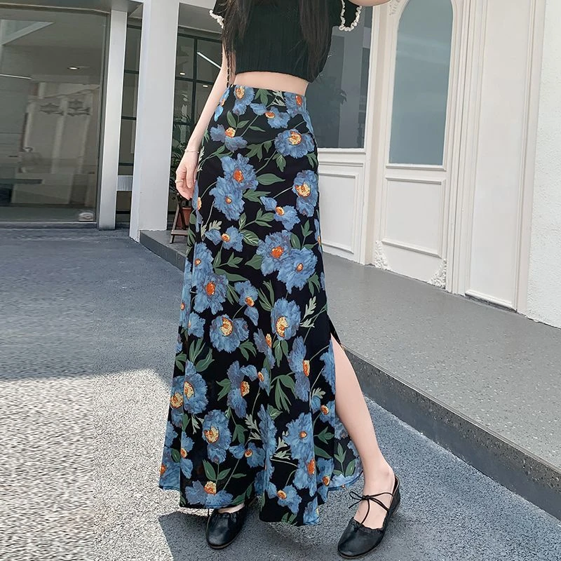 雪纺印花开叉鱼尾裙女夏季高腰垂感碎花半身裙度假风气质包臀长裙