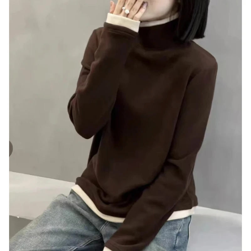 拼色双面奥绒柔软亲肤休闲打底衫高领假两件1224