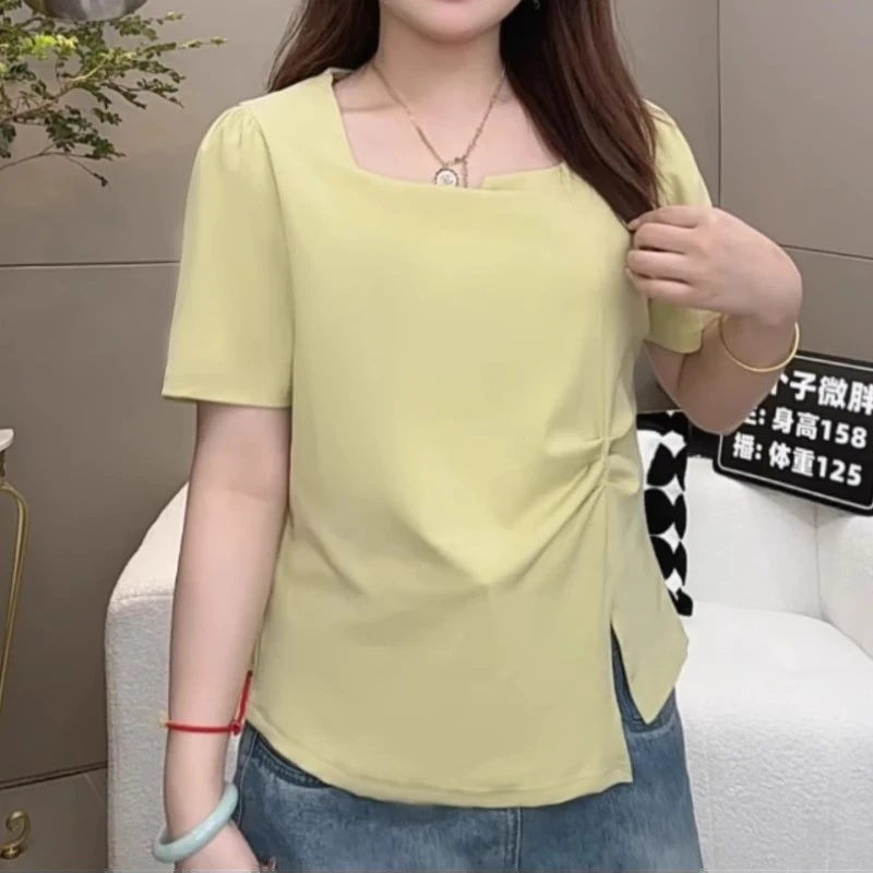 方领正肩短袖T恤女2025夏季薄款胖MM大码女装不规则洋气百搭上衣