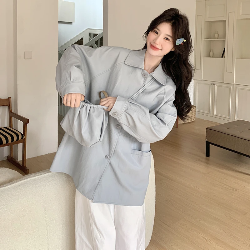 爆款宽松翻领长款皮衣外套女春秋2025新款高级感减龄百搭显瘦上衣