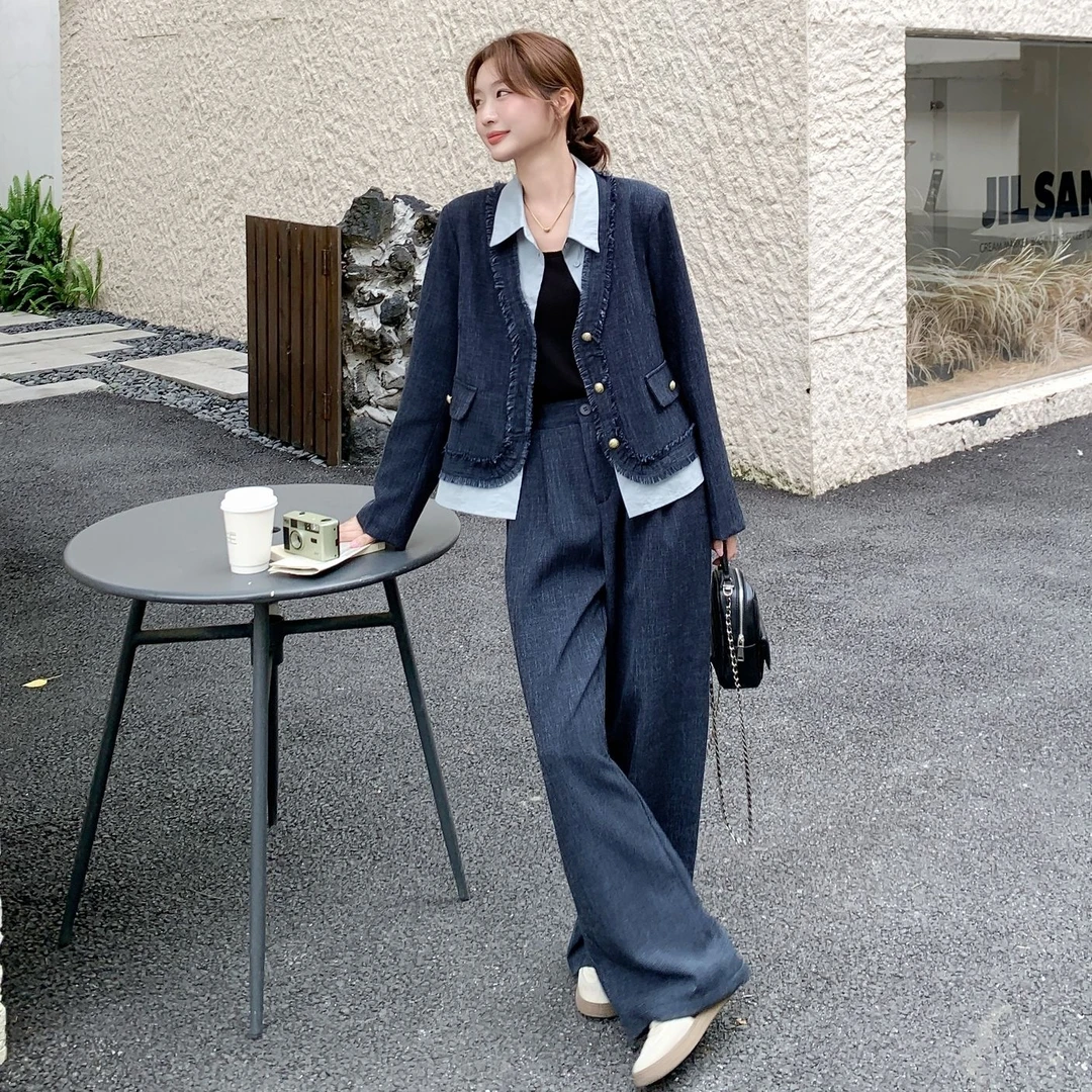 深蓝色假两件Polo领衬衫套装女2025秋季韩系气质休闲阔腿裤两件套