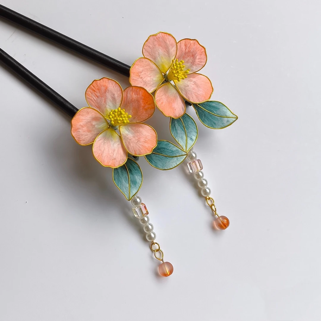 山茶花掐丝绒花发簪可改边夹日常发饰橘色绒花国风头饰粉色边夹