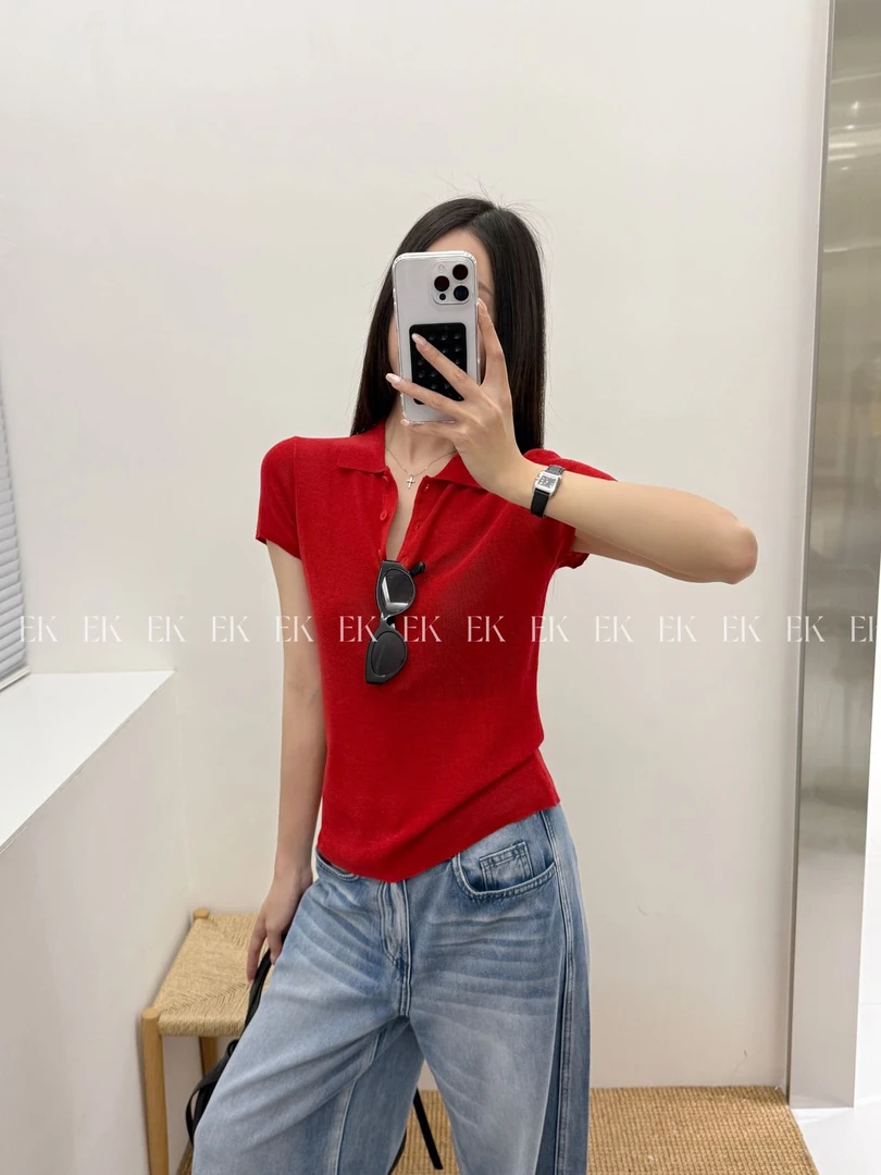 EK夏季时尚POLO领正肩短袖t恤女高级简约上衣女1078
