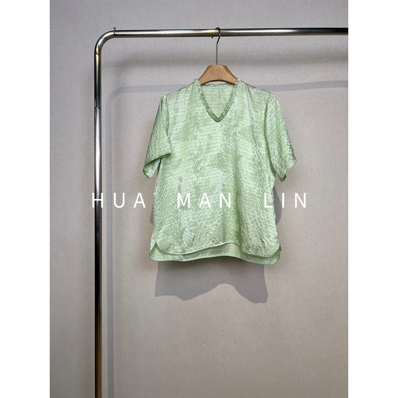 【花满林】V领木耳边泡泡冠乐绉真丝桑蚕丝短袖上衣259317