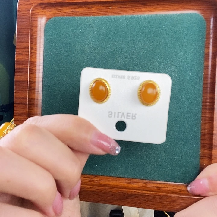 银S925镶嵌蜜蜡耳饰耳钉