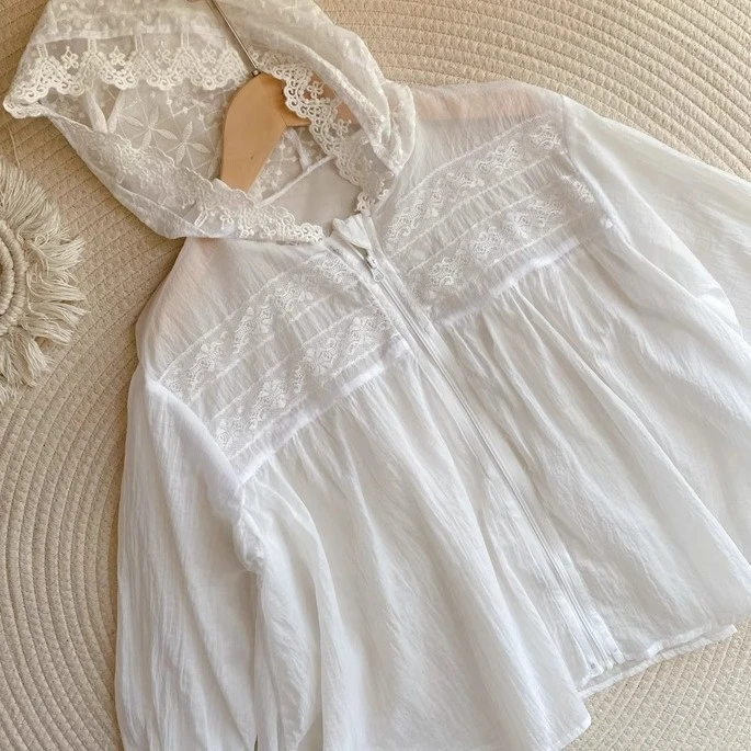 轻柔空气纱防晒衣更轻薄更透气女童夏季蕾丝花边甜美速干薄外套潮