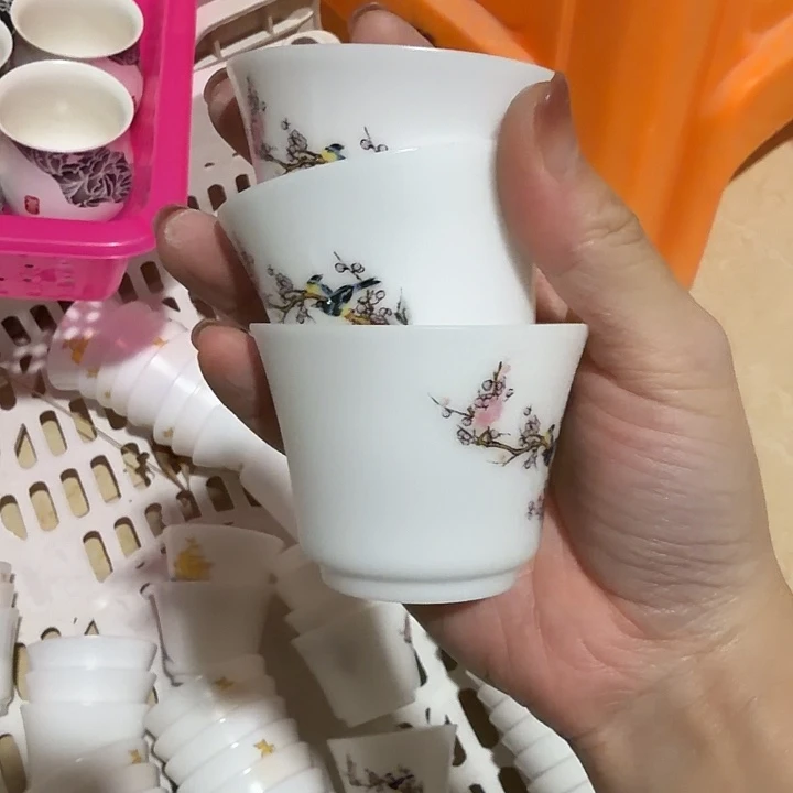 素烧冰种薄胎喜上眉梢杯子三个