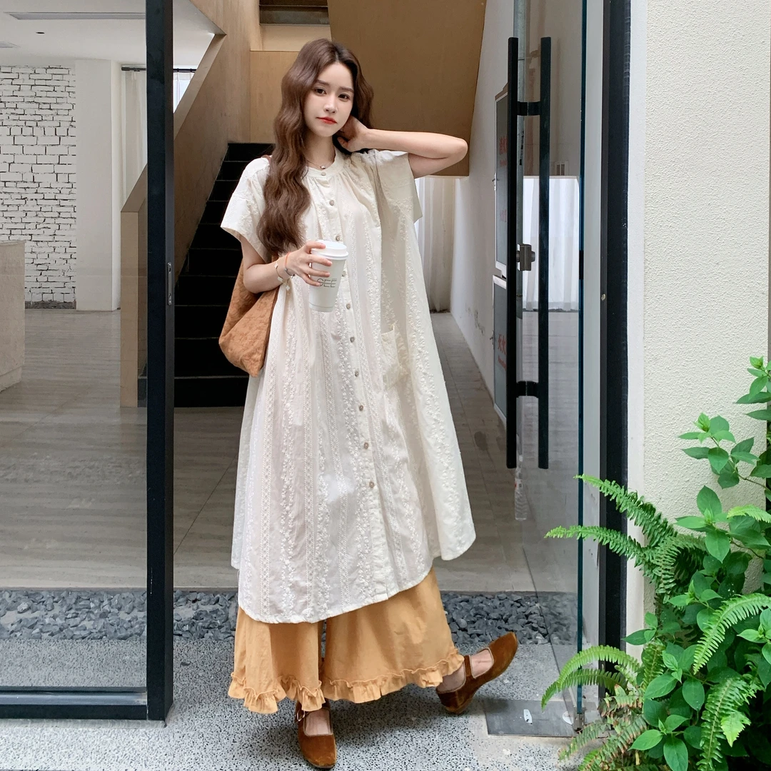 法式松弛感慵懒风刺绣衬衫连衣裙套装女2025夏季新款阔腿裤两件套