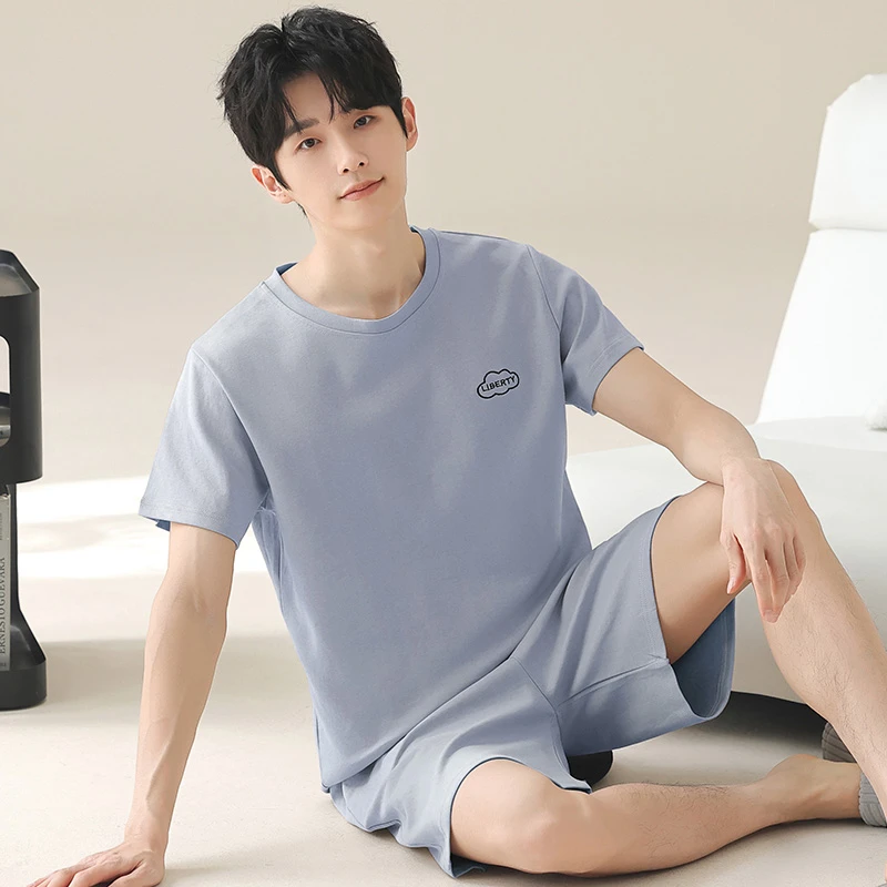睡衣男士纯棉夏季短袖短裤套装青少年可外穿宽松大码薄款家居服