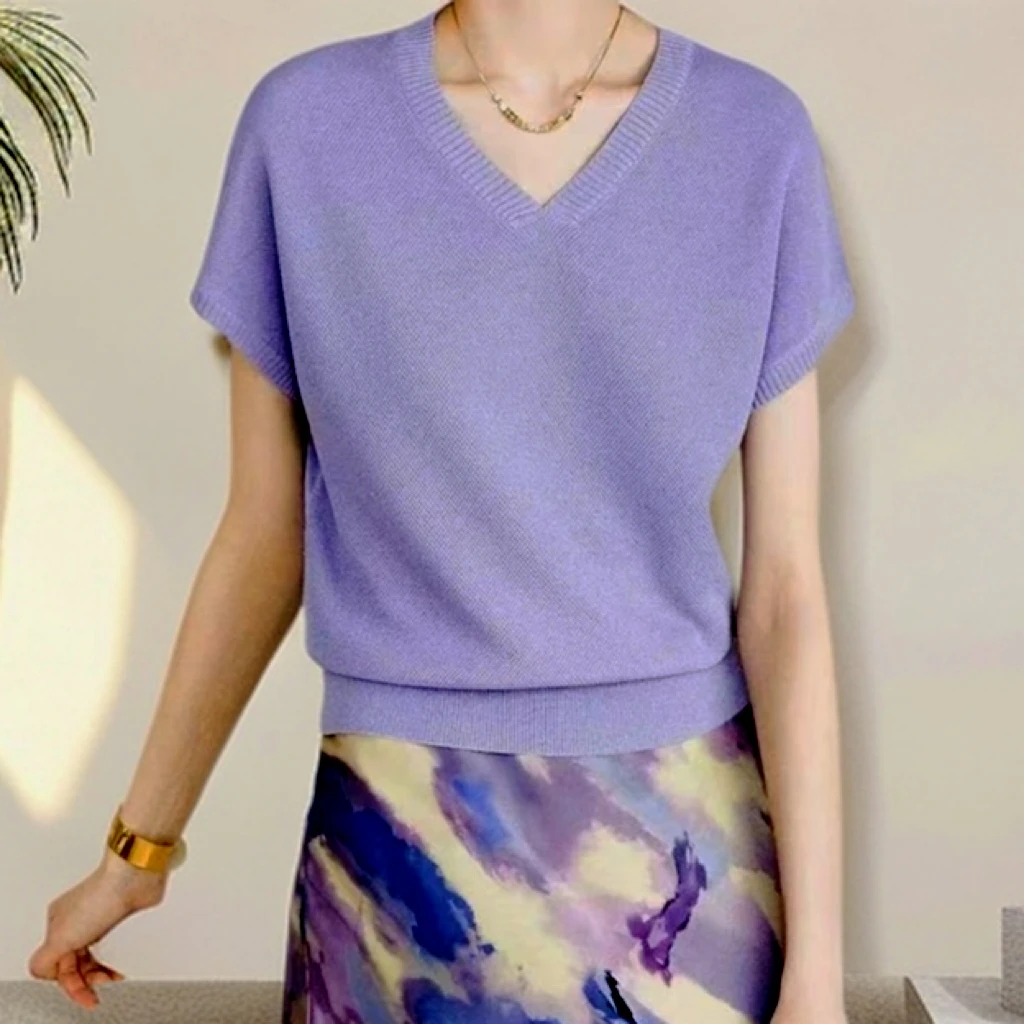 【 745上衣】薇乐2025新款夏季通勤百搭简约短袖V领紫色莱赛尔上衣