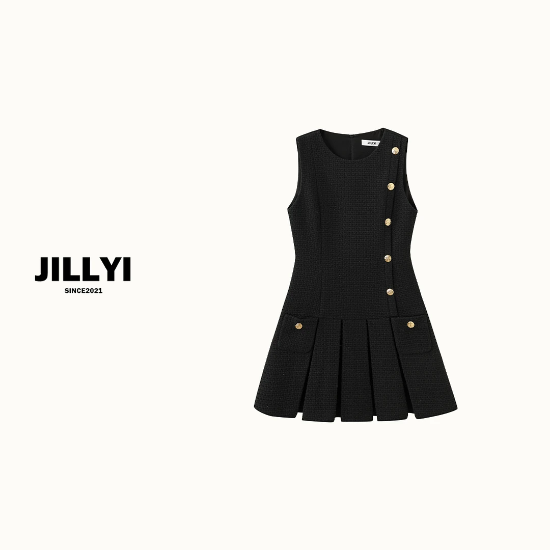 jillyi【春日心动】黑色圆领侧边金色单排扣千金风时尚百搭连衣裙