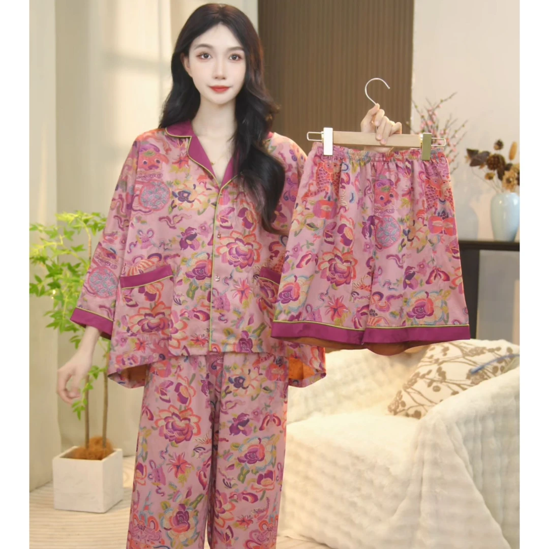 琪琪家【年年有余】舒适睡衣女士套装可外穿家居服七分袖三件套BQQ