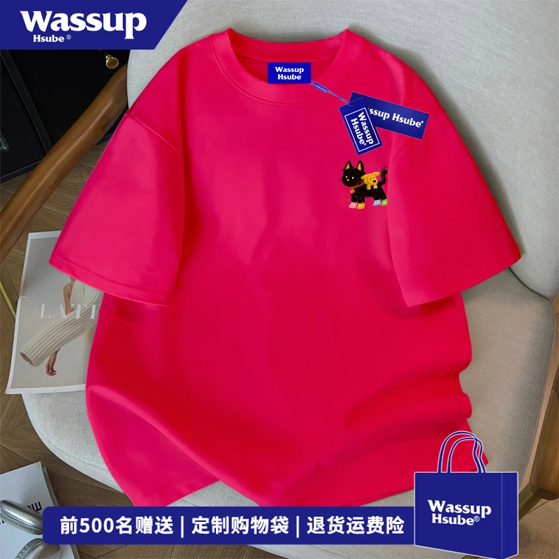 WASSUP HSUBE美式趣味猫咪印花短袖T恤男夏季宽松百搭情侣装上衣