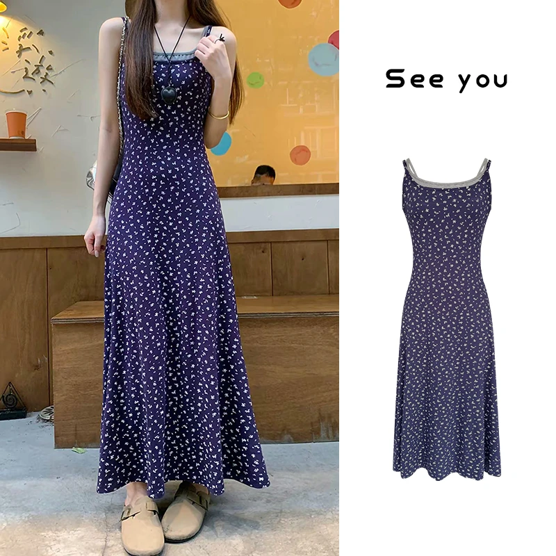 夏季韩系假两件碎花吊带裙收腰显瘦气质垂坠感女装连衣裙 3817