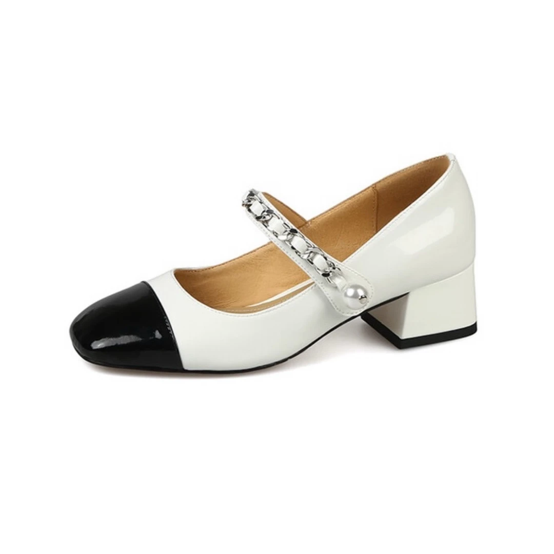 柒嘉高定轻奢全皮手工女鞋 珍珠一字扣玛丽珍单鞋