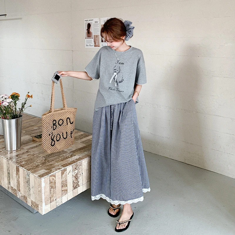 灰色韩范盐系一整套T恤套装女2025年夏季新款格纹阔腿裙裤两件套
