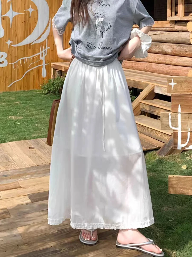 花花夏季百搭纯棉A字裙显瘦透气花边百褶纯色半身裙白色裙子半裙