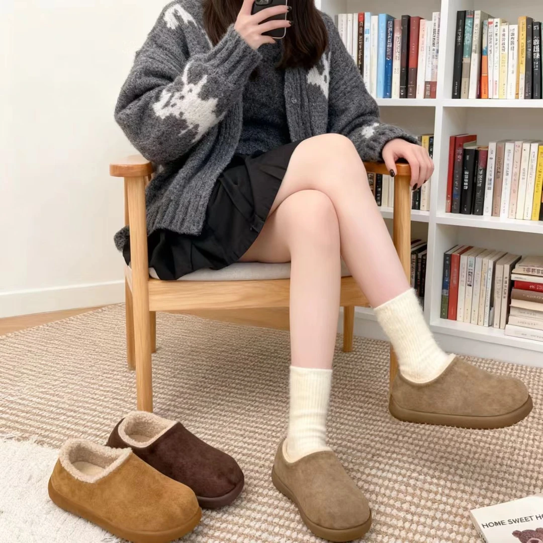秋冬舒适毛绒加绒鞋女厚底软底居家外穿两穿懒人鞋保暖百搭休闲鞋