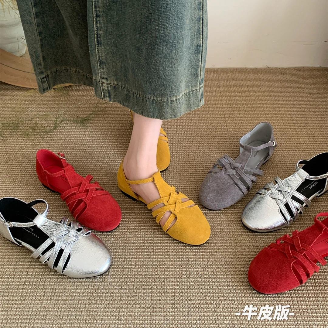 欢梨"文艺复古范"森系真皮镂空鱼骨罗马鞋猪笼单鞋女夏勃肯鞋凉鞋