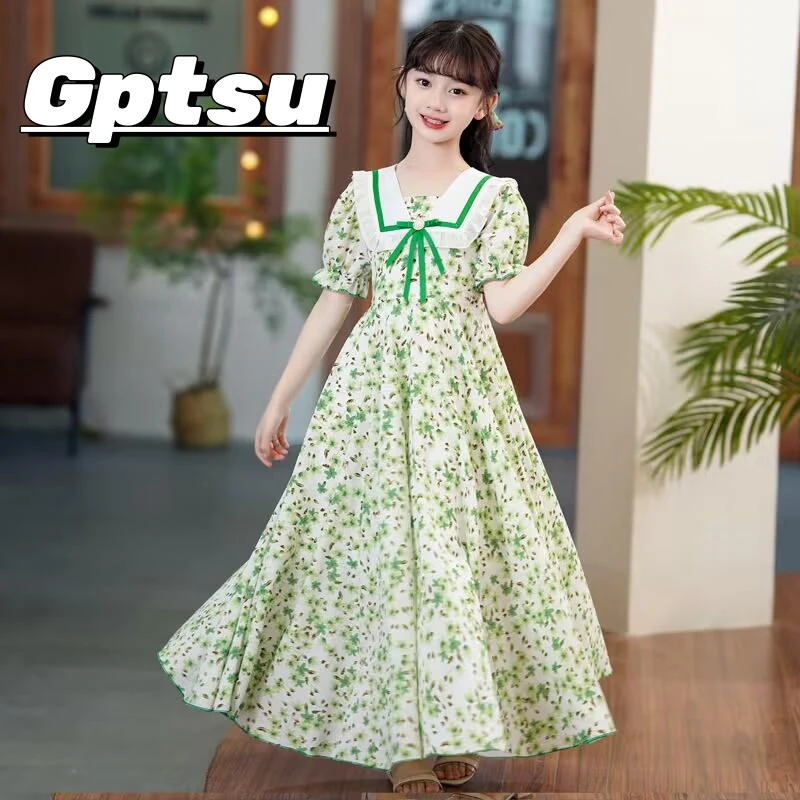 GPTSu女大童装泡泡袖连衣裙小女孩洋气裙子学生甜美过膝碎花长裙