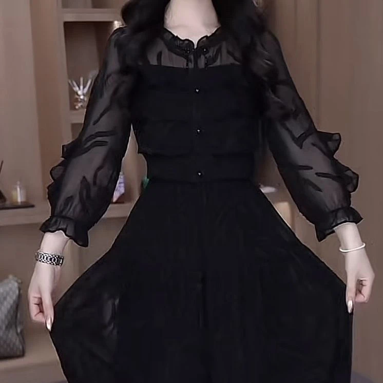 高档赫本风轻羽丝连衣裙2025春季新款修身显瘦减龄中长款气质裙子