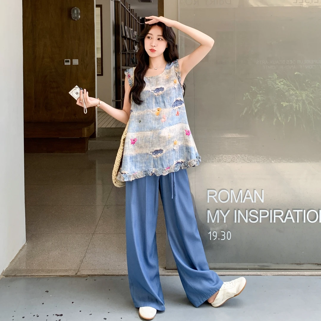 巨好看的夏装一整套2025爆款今年流行午休破洞毛边上衣蓝色阔腿裤