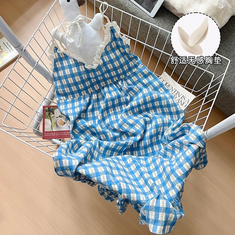 2025年新款带胸垫睡裙女夏季可爱吊带家居服中长款甜美睡衣可外穿
