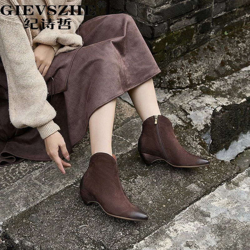 纪诗哲法式瘦瘦靴女真皮V口尖头短靴侧拉链复古百搭磨砂牛皮裸靴