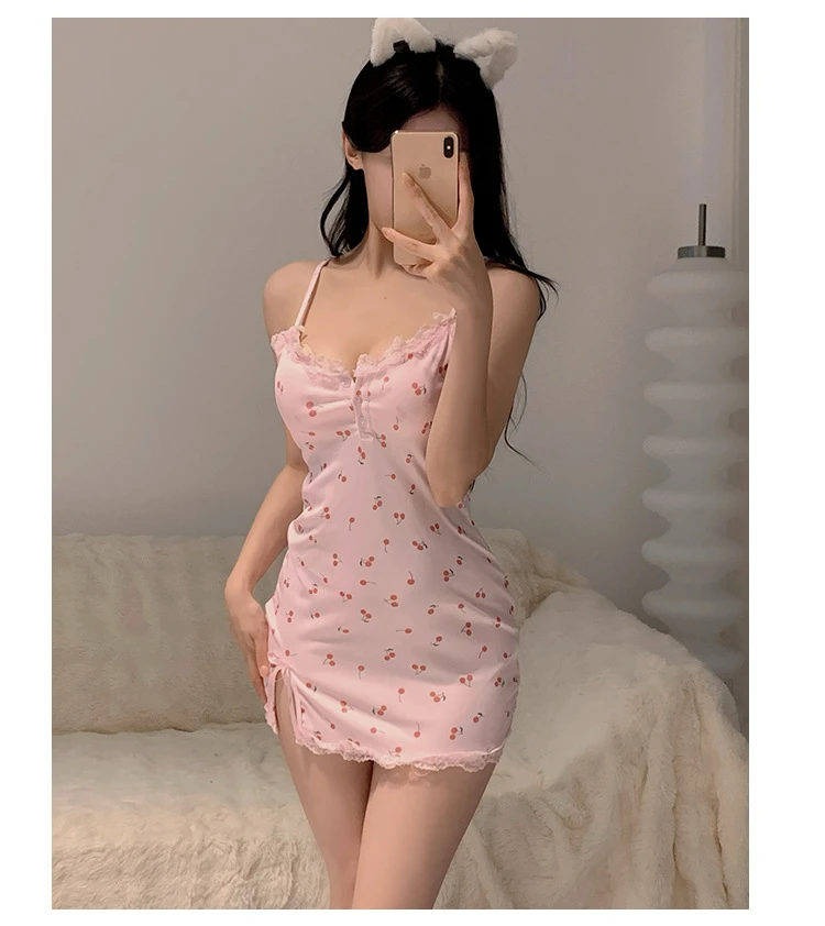 吊带修身夏季植物花卉不褪色性感碎花睡裙显瘦印花甜美连体衣蕾丝