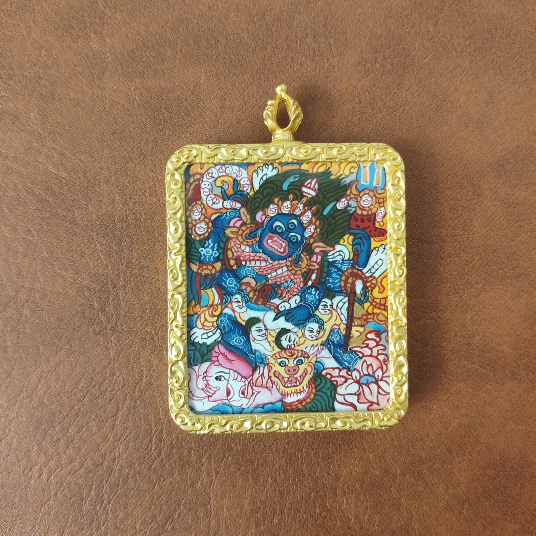 纯手绘六臂大黑天唐卡吊坠40*50mm