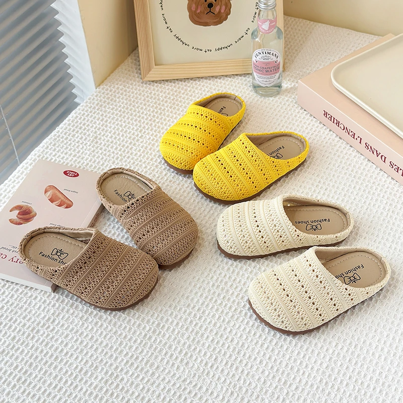 飞织女童包头拖鞋2025春夏季新款时尚编织拖鞋包头一脚蹬勃肯鞋