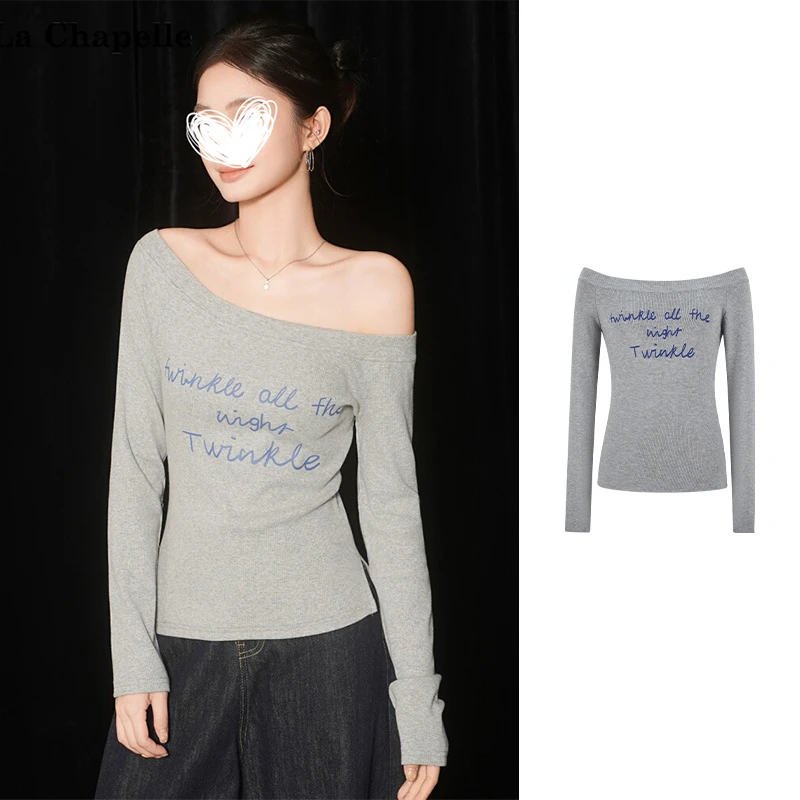 2025韩版秋季新款灰色斜肩字母印花长袖针织衫女修身显瘦上衣