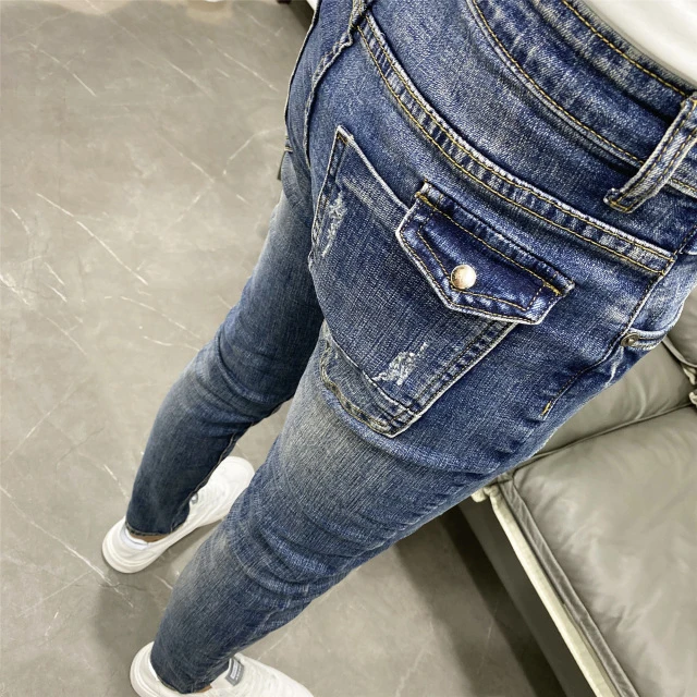 个性口袋水洗蓝修身小脚九分牛仔裤男夏新款韩版工装美式休闲长裤