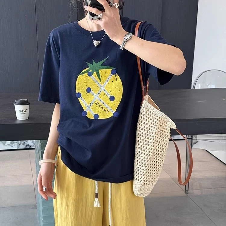 五一旅游出街韩系菠萝印花短袖2025夏季新款宽松洋气百搭T恤裤子