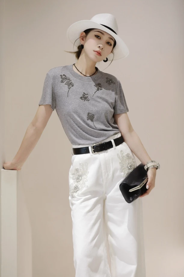 2025SS JADE枪色鸢尾花订珠短袖