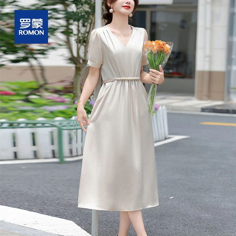 罗蒙时尚中年妈妈夏装新款连衣裙中老年女装纯色收腰法式过膝裙子