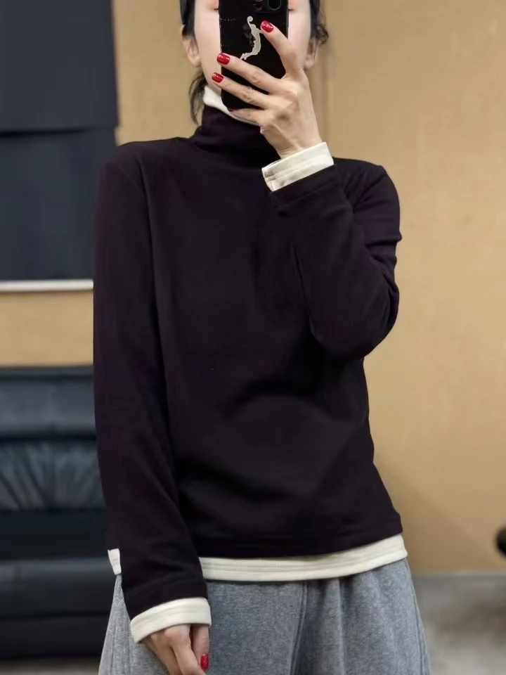 冬季假两件高领双面绒打底衫