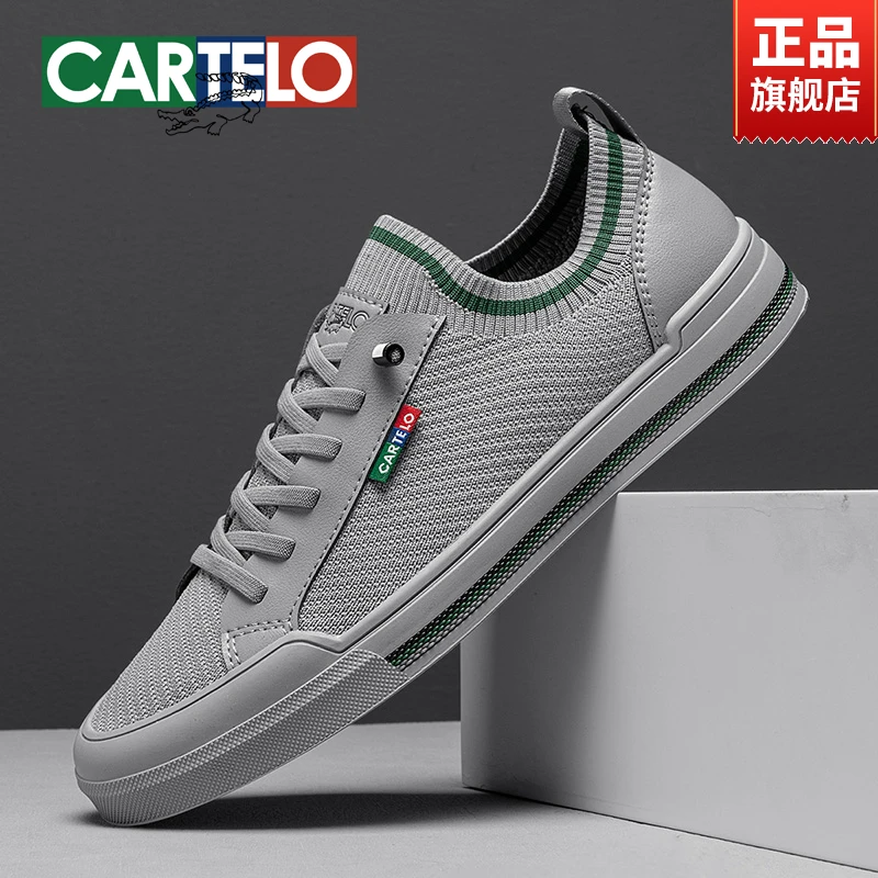 CARTELO/卡帝乐鳄鱼灰色飞织板鞋秋冬爆款网面透气潮鞋一脚蹬布鞋