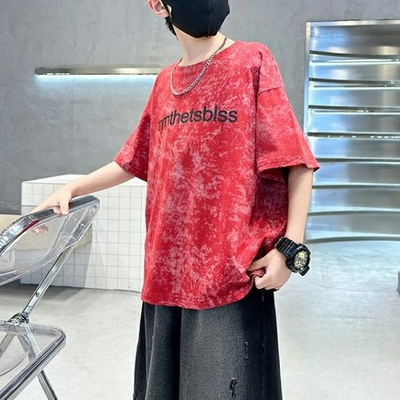 新款童男宽松纯棉短袖T恤洋气上衣儿童字母潮流帅气休闲圆领夏季