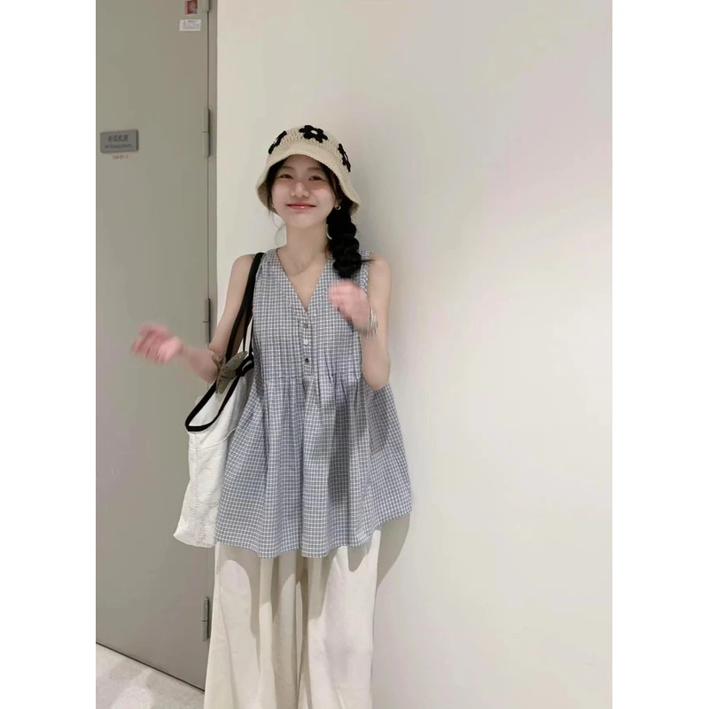 【清爽一夏】2025春夏新款韩系甜美风格纹显瘦无袖背心衬衫女上衣