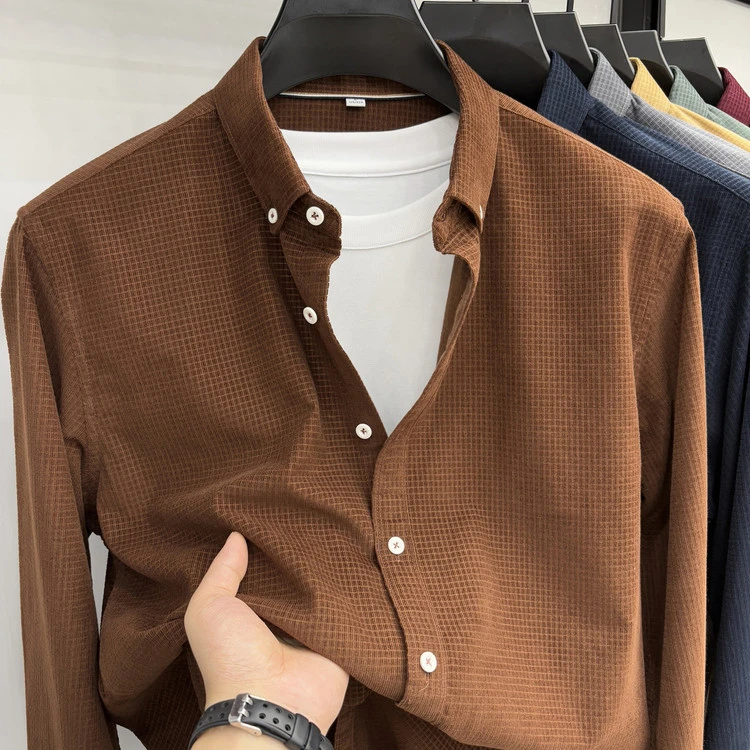 【100%棉】男士轻奢秋季纯棉衬衫长袖t恤中青年春秋灯芯绒衬衣上衣