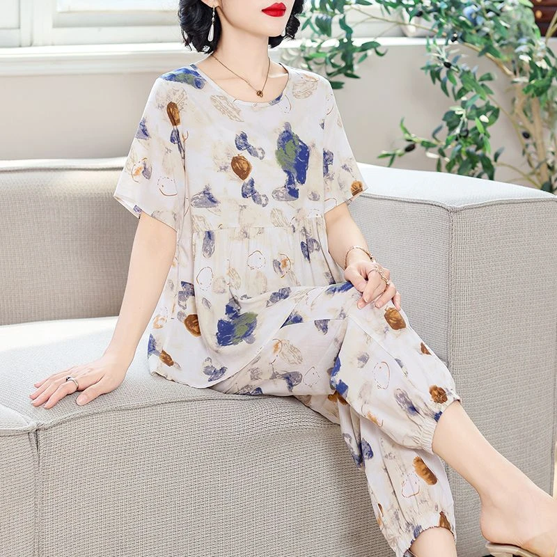 棉绸套装女士夏季新款宽松大码遮肉显瘦外穿短袖上衣九分裤两件套