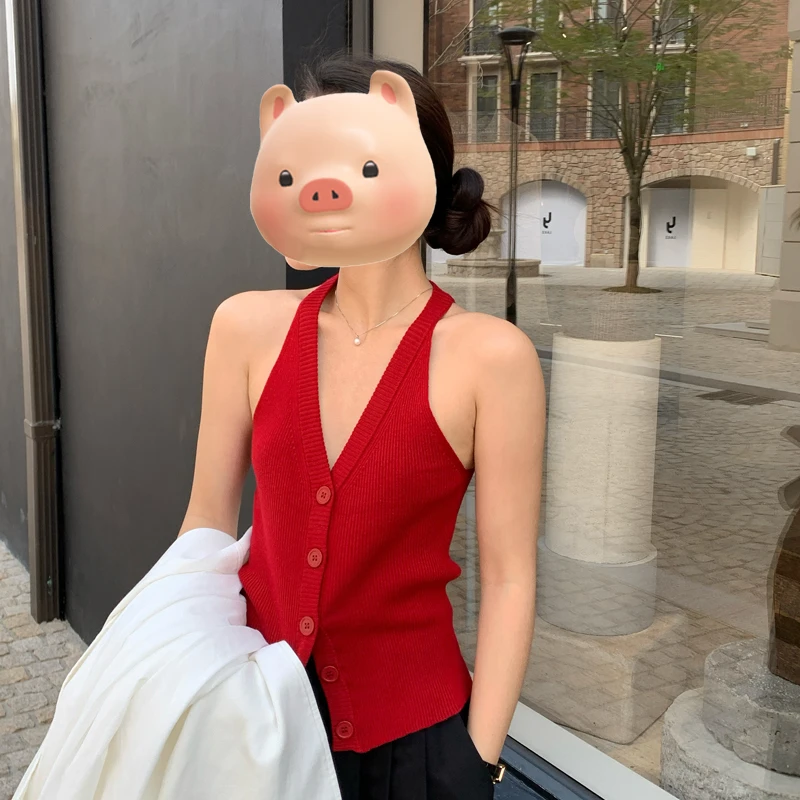 红色V领冰丝针织吊带背心女夏季外穿小个子修身短款无袖开衫上衣