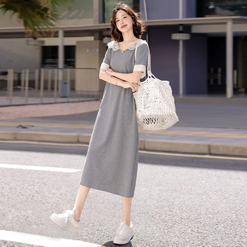 欧货时尚潮流长款连衣裙女夏新款洋气宽松蕾丝拼接连帽短袖休闲裙